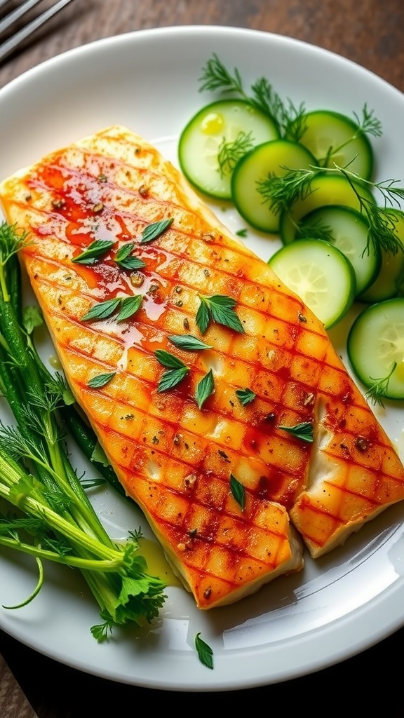 Pan-seared sea bass with a side of cucumber dill salad on a white plate.